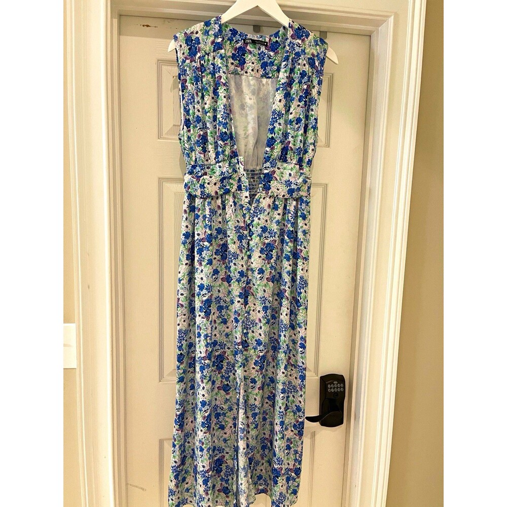 ZARA Women's Floral Sleeveless Button-Front Long Maxi Dress, US M, Blue